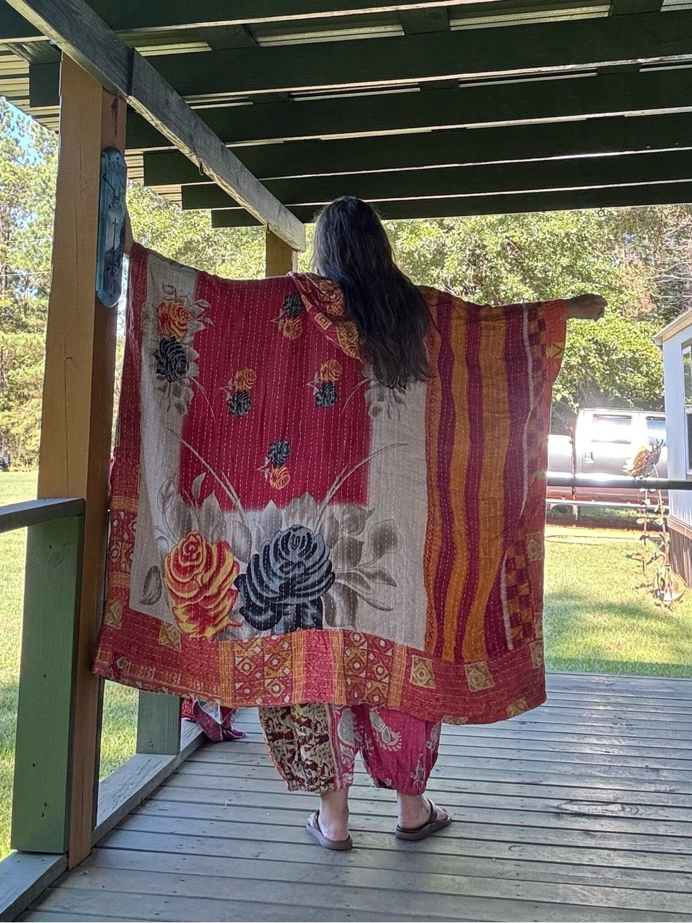 Reversible Handmade Red and Gold Floral Kantha Kimono